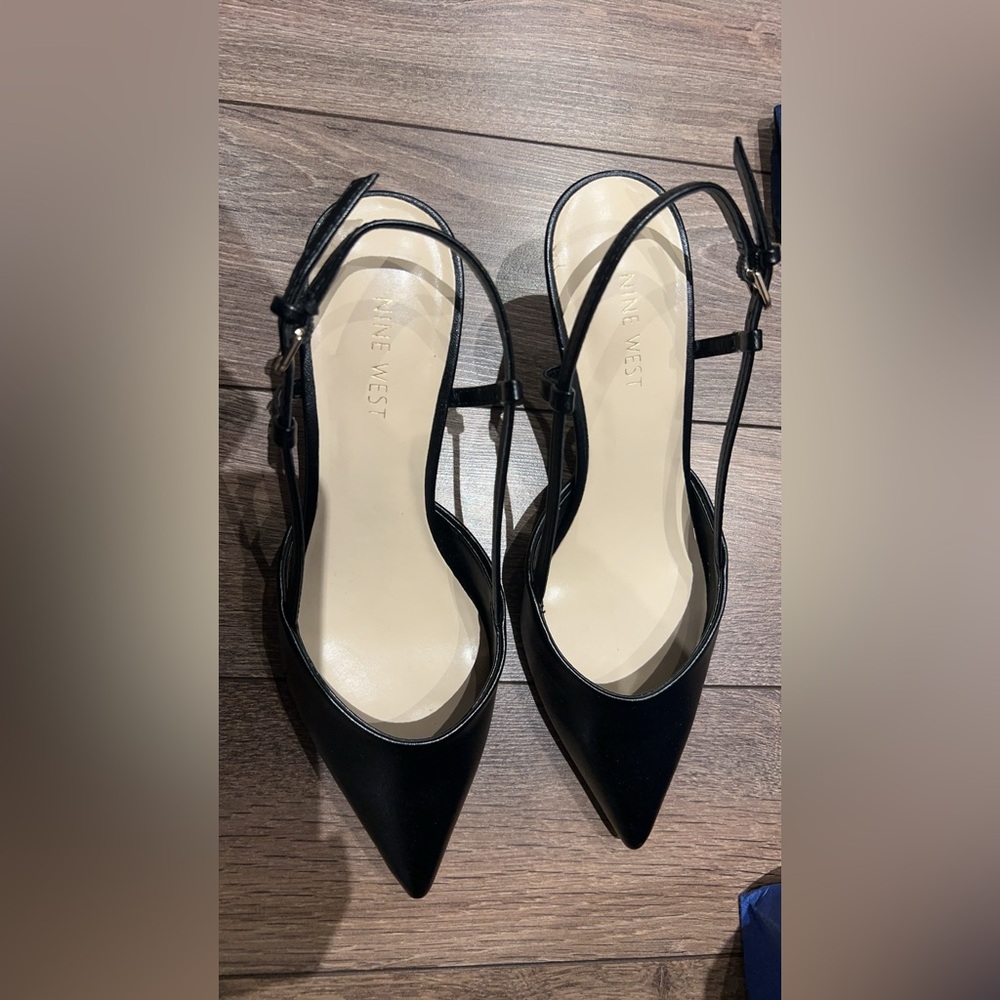 Nine West Black Pointed-Toe Slingback Heels with Ankle Straps